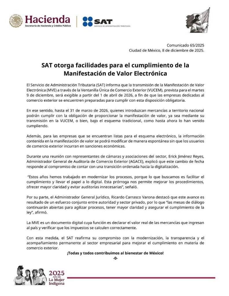 Comunicado Oficial SAT 65/2025 - Prórroga MVE hasta abril 2026