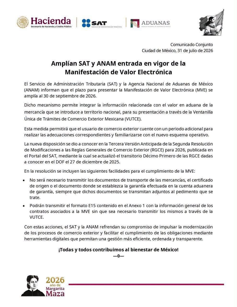Comunicado oficial SAT y ANAM sobre la prórroga de la MVE
